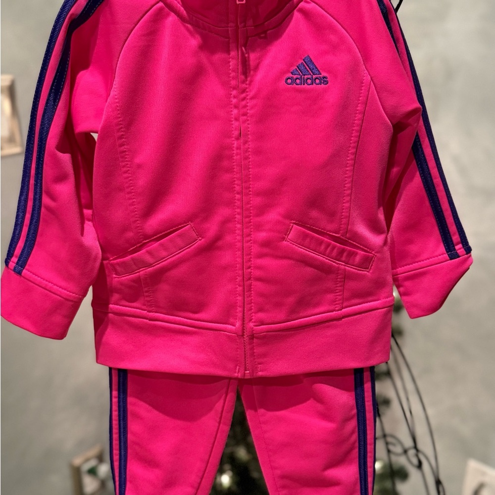 Adidas Pink Tracksuit with Blue Stripes